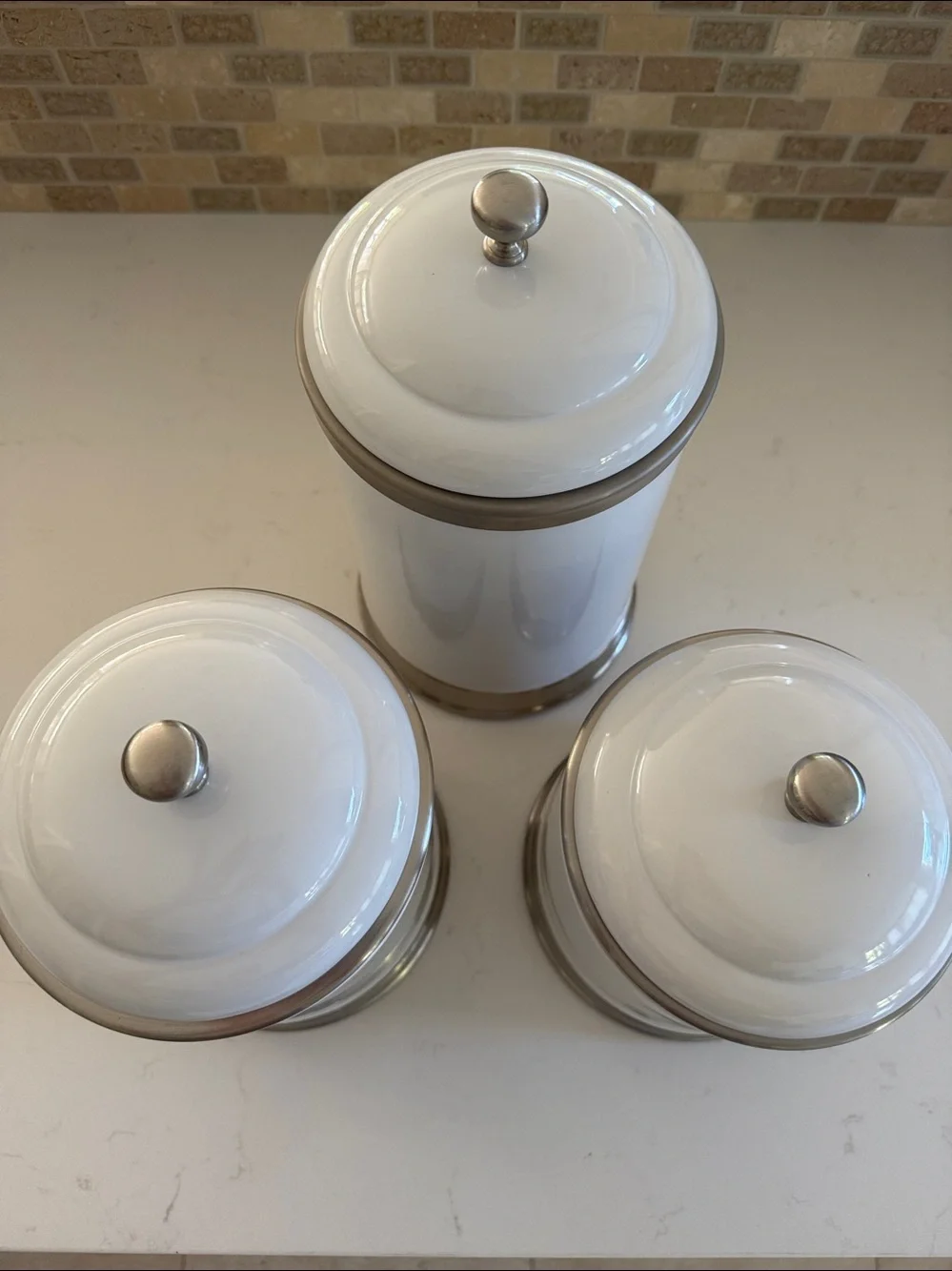 Williams Sonoma White Ceramic Canister Set with Silver Accents Set of 3 NWOT